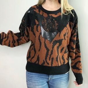Vintage I.B. DIFFUSION tiger stripe mixed media oversized knit sweater